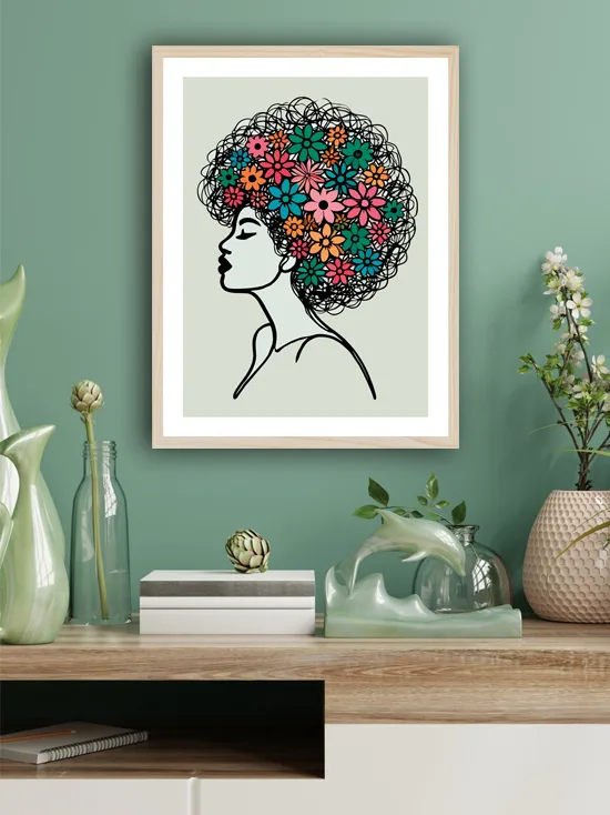 Salon avec affiche fleurs - décoration murale florale