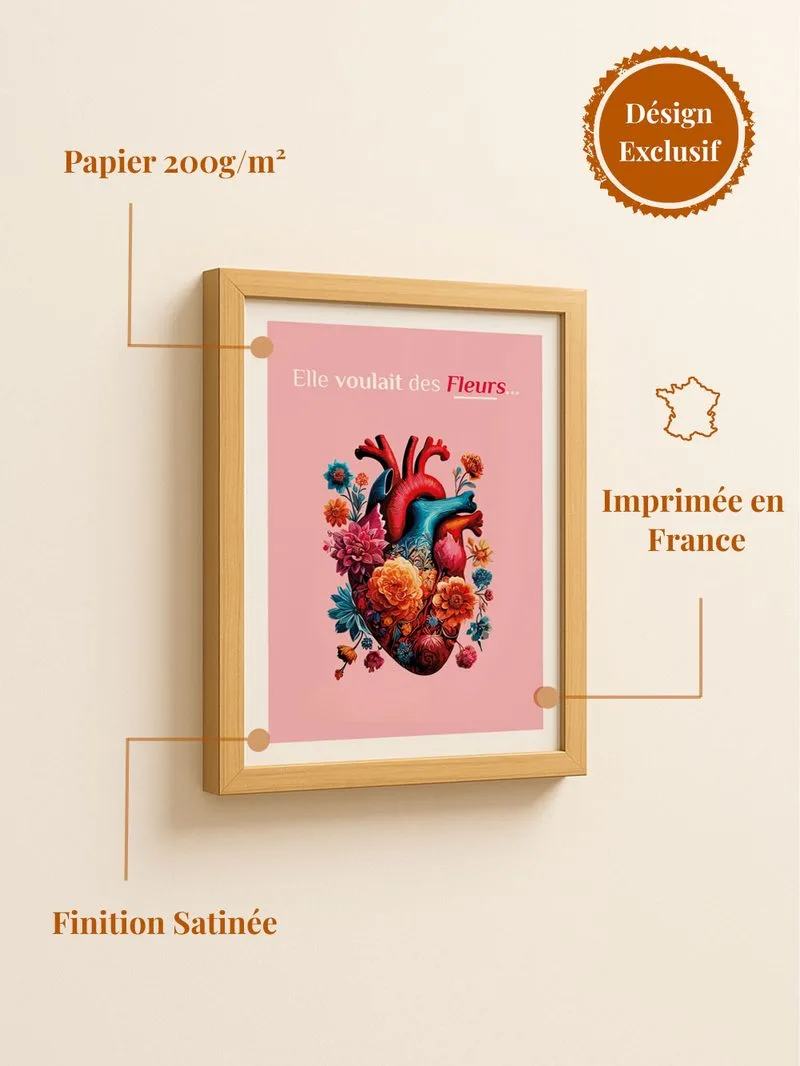 Poster cœur fleuri - affiche romantique décoration murale