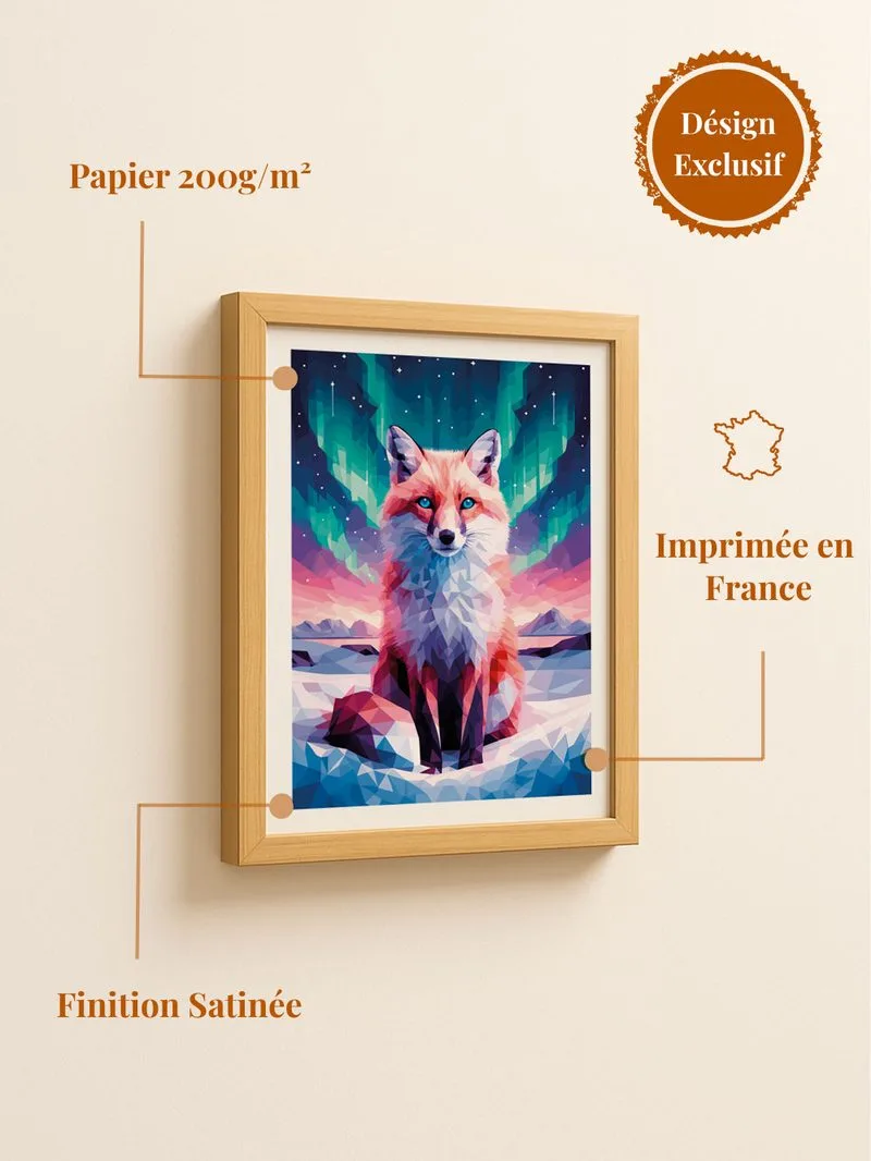 Poster renard aurore boréale - affiche renard nordique nuit étoilée