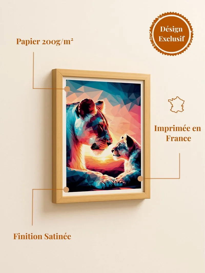 Poster lionne et lionceau - affiche lion famille savane