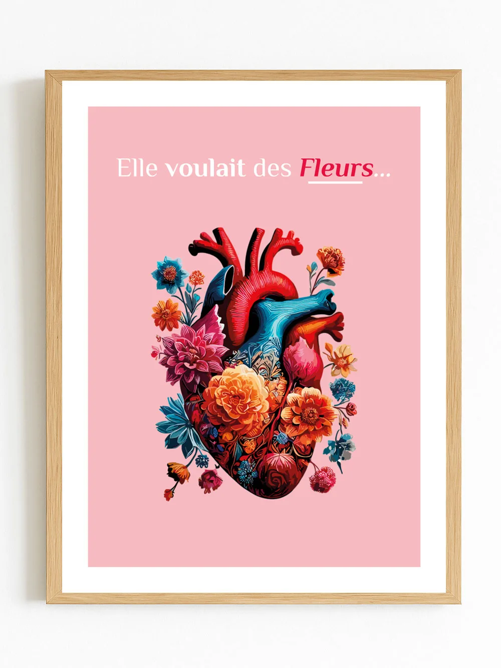 Affiche cœur fleuri - poster romantique floral fond clair