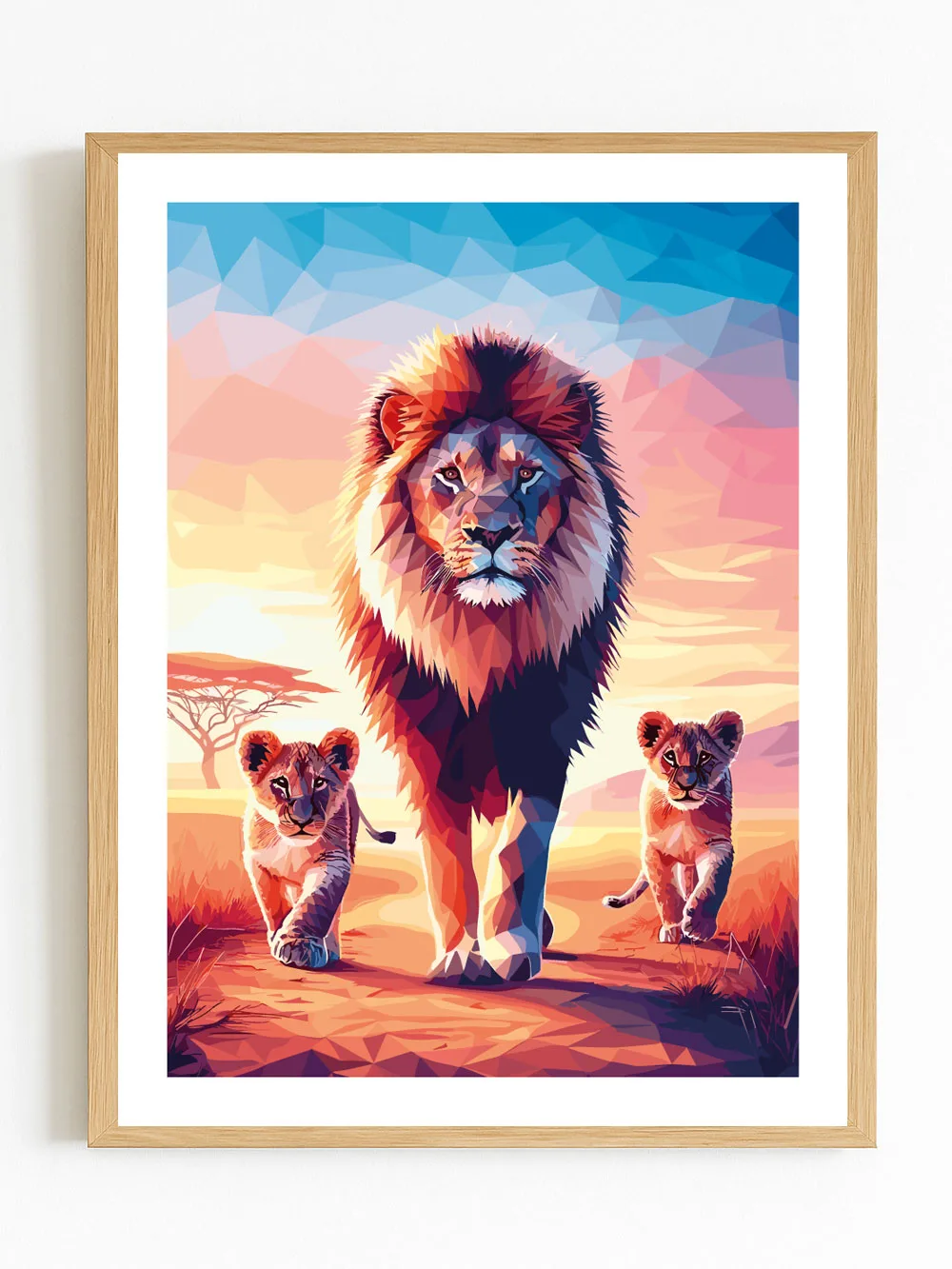 Affiche lion et lionceaux - poster lion famille savane africaine