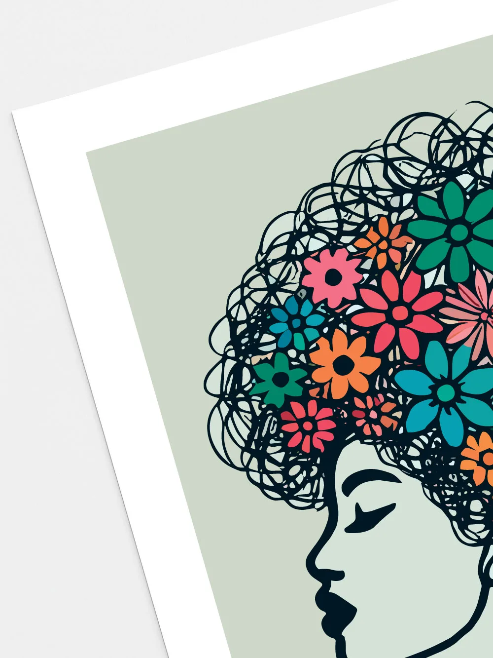 Détail impression affiche visage fleuri - qualité poster moderne